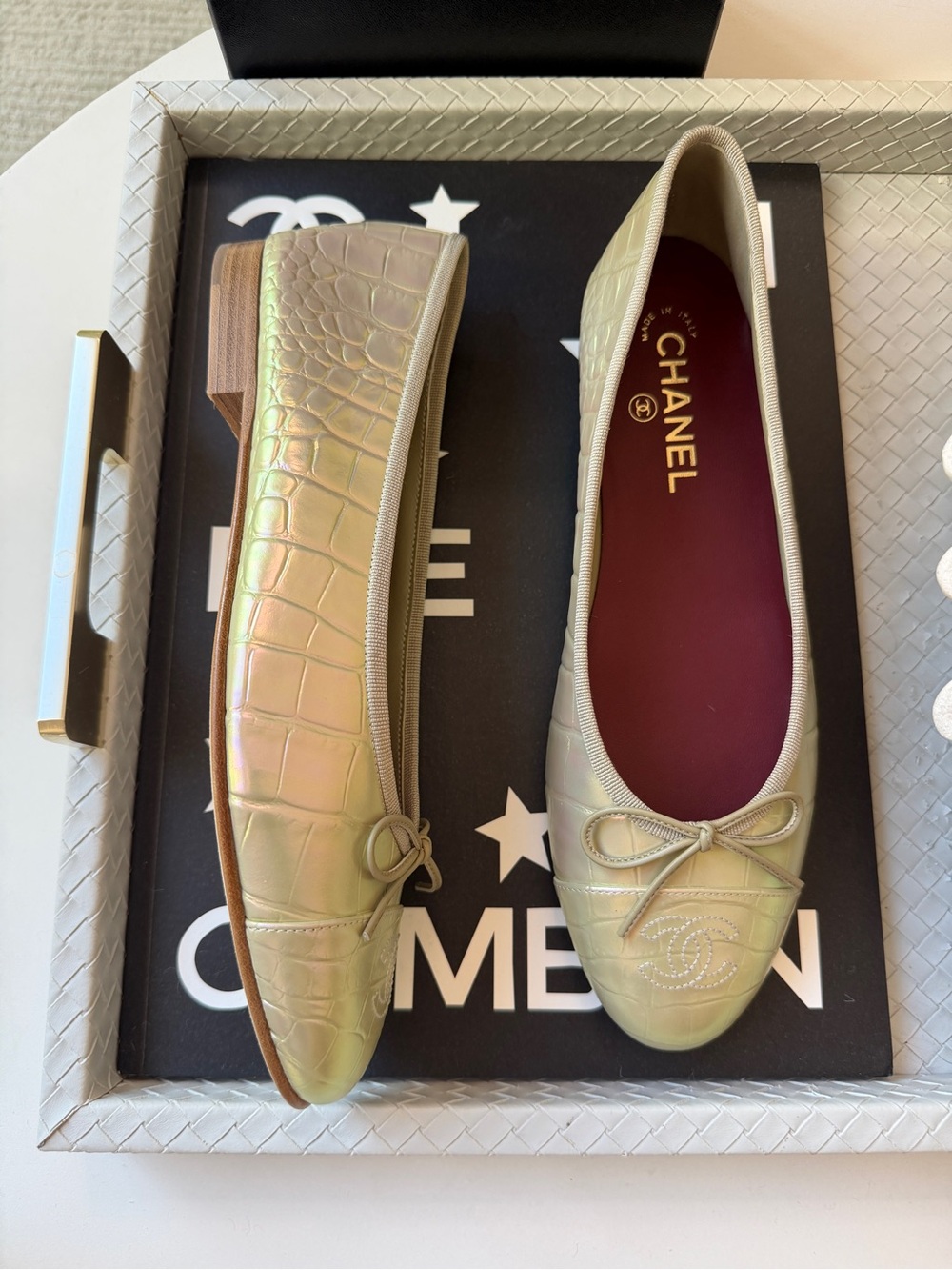 Chanel 26K Yellow Crocodile Croc Embossed Iridescent Cap Toe Ballet Flats 37 - Picture 9 of 15